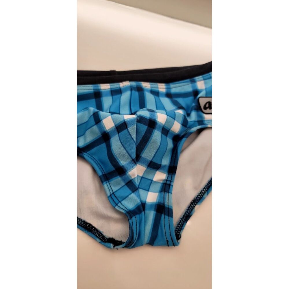 AussieBum Swim Brief Men's XS Blue Plaid Pool Party Gay Low Rise Contour Pouch - Picture 5 of 8